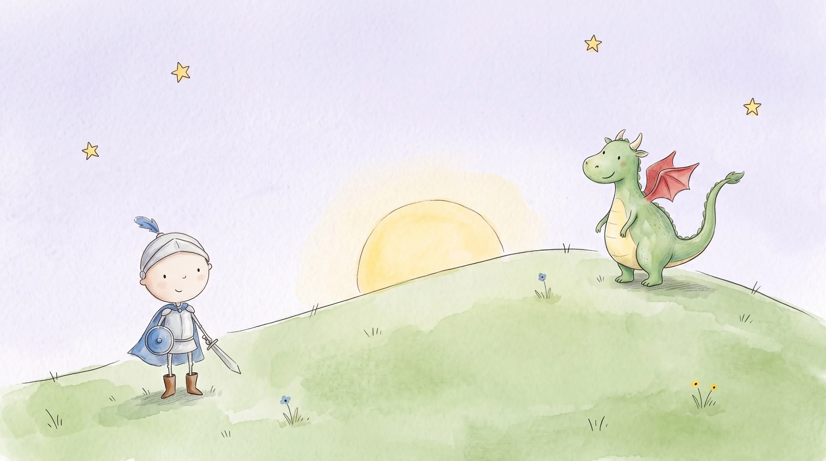 A small knight and a friendly green dragon on a grassy hill.