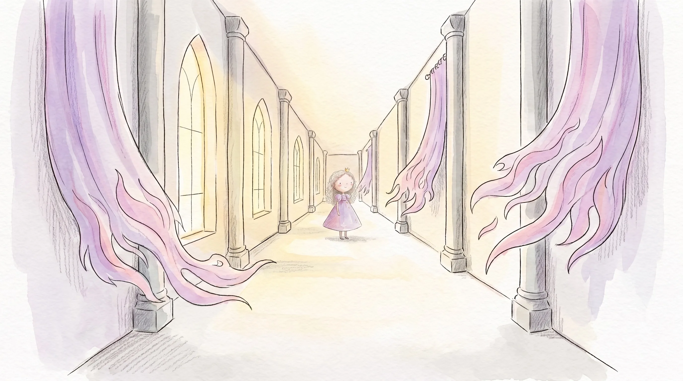 A princess in a softly lit castle hallway.