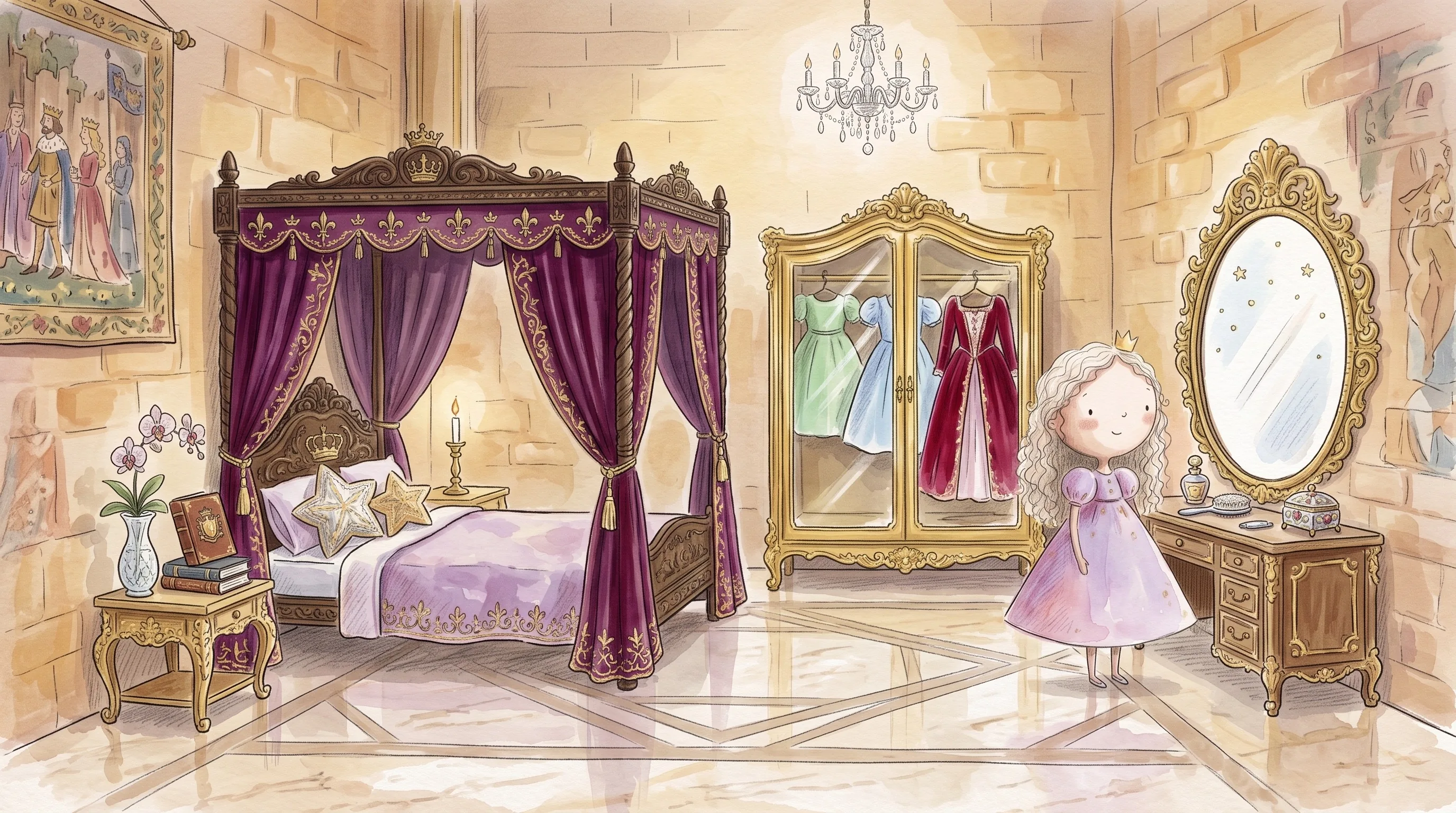 A princess in a storybook castle bedroom.