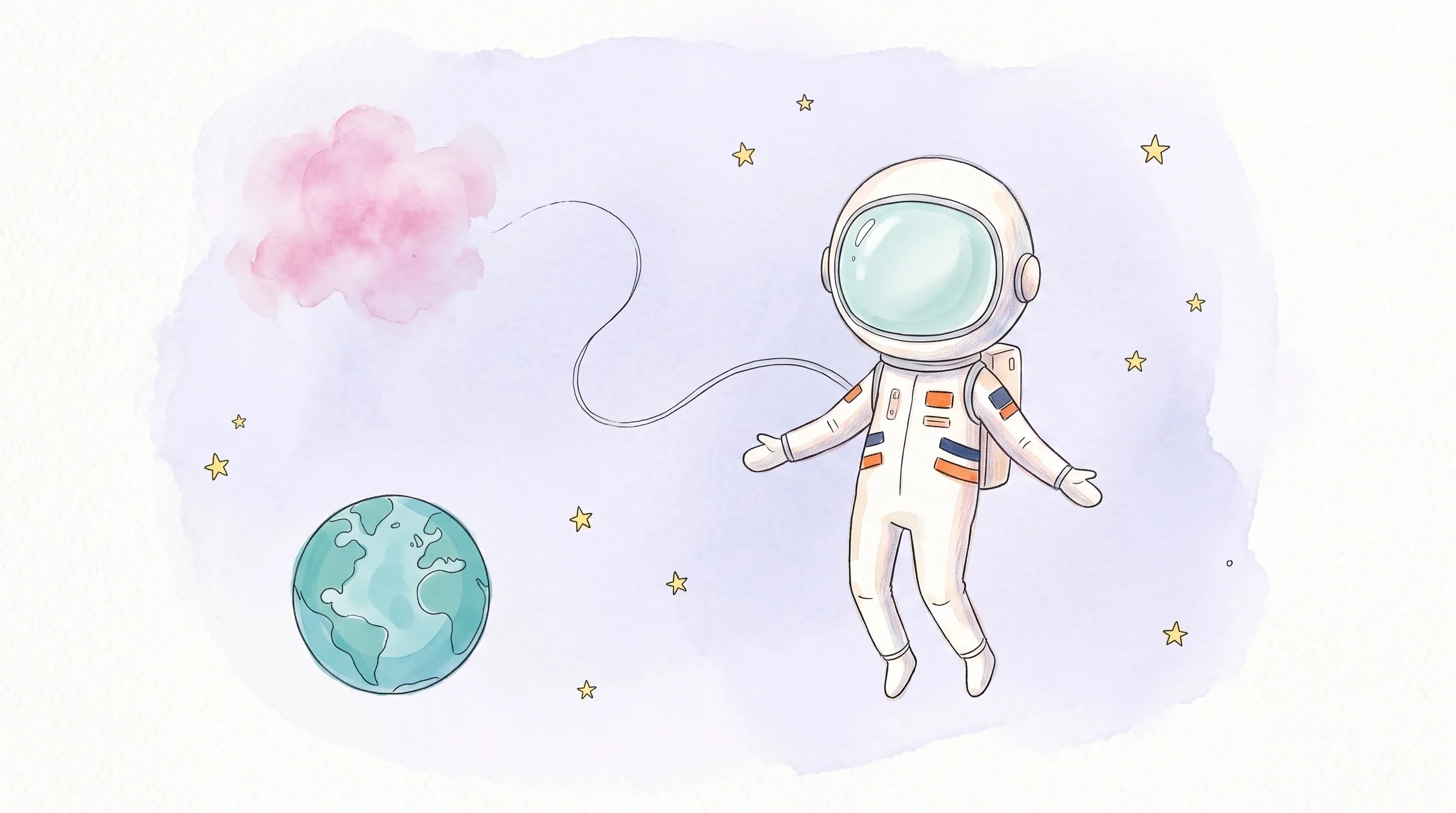 An astronaut floating near Earth among yellow stars.