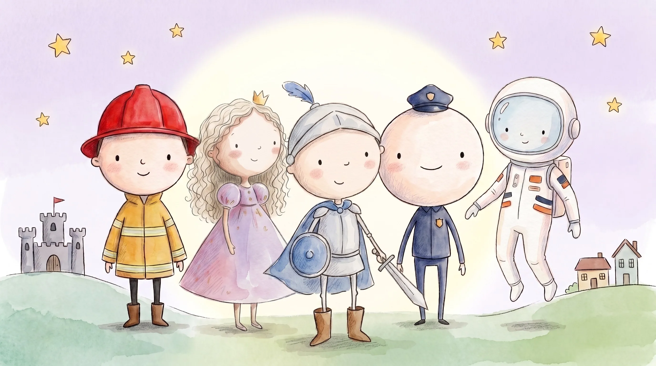 Five storybook heroes standing together.