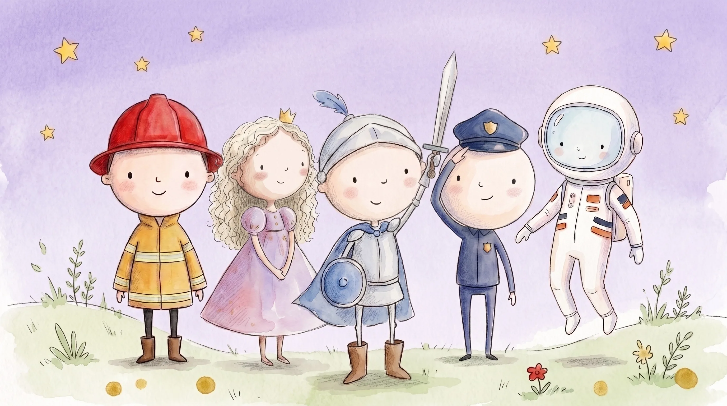 A joyful cast of personalised storybook heroes gathered together.